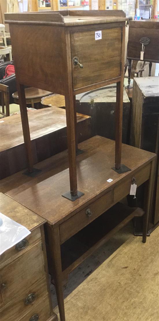 Edwardian oak side table fitted 2 drawers & undertier & a mahogany pot cupboard